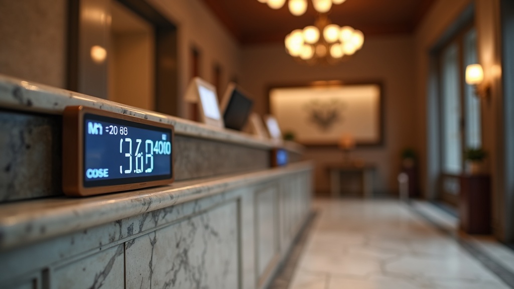 Bank counter interior with blurred exchange rate display illustrating currency exposure in an overseas property purchase