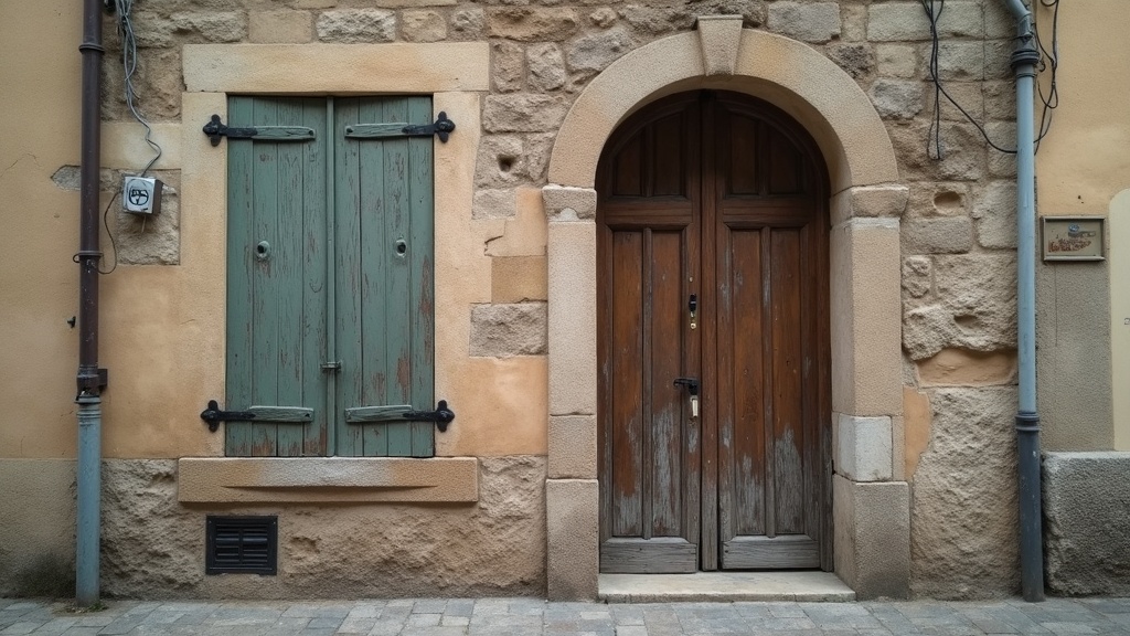 Stone doorway and shutters on a French street illustrating buying property in France