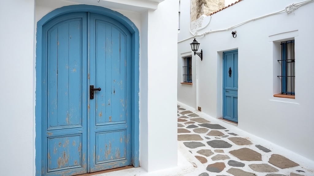 Blue wooden door on a whitewashed building illustrating buying property in Greece