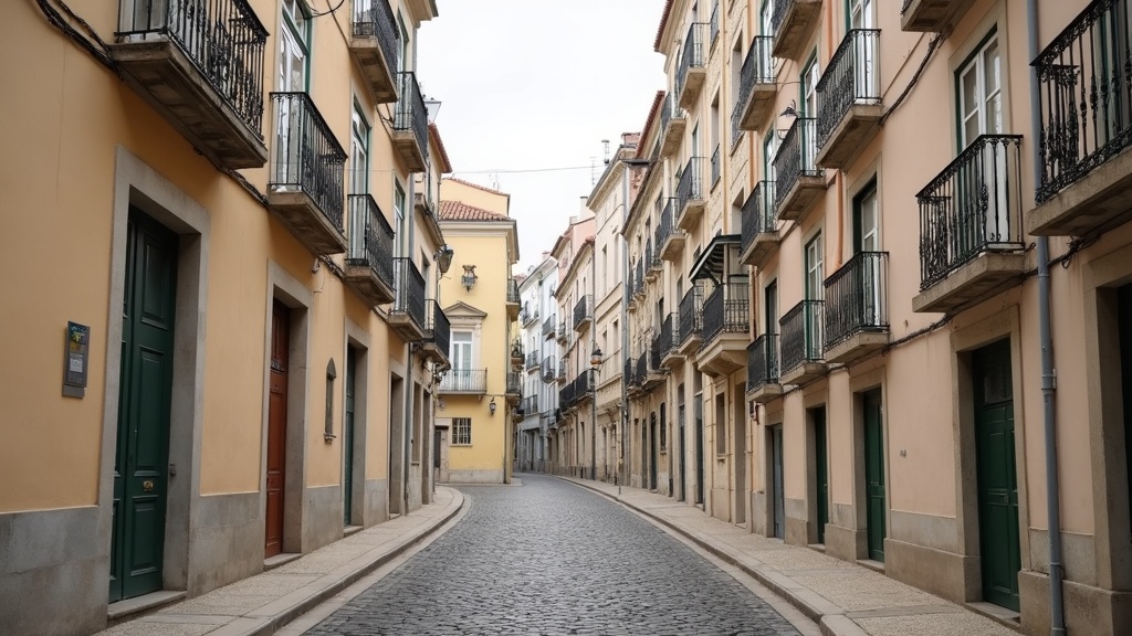 Traditional tiled townhouses on a Lisbon street illustrating buying property in Portugal