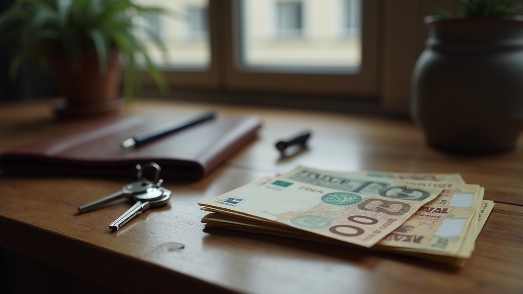 Foreign currency banknotes and house keys on a desk representing currency risk when buying property abroad