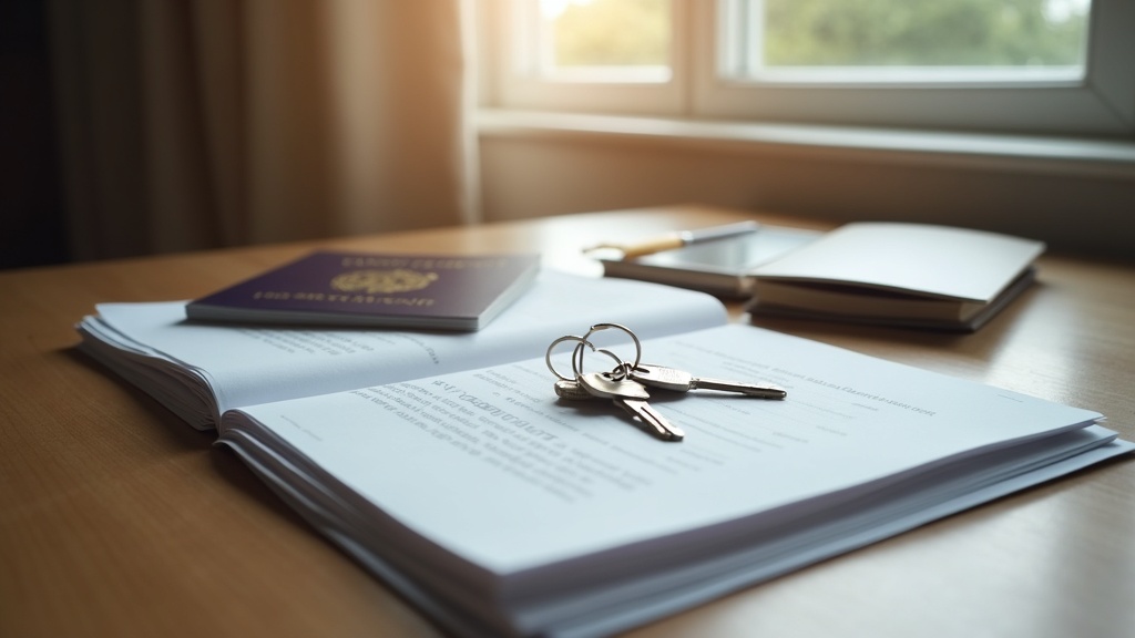 Documents, passport and house keys representing healthcare access when owning property in Europe