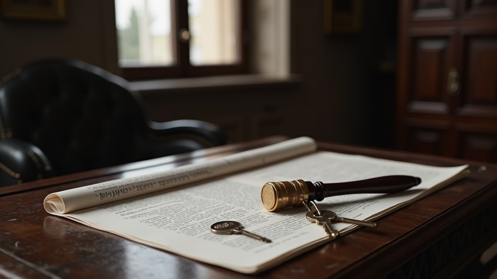 Notary desk with property deeds and keys representing the notary's role in a European property purchase