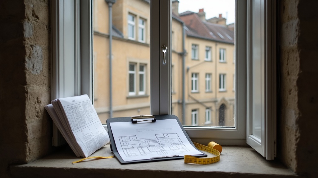Surveyor's tools and building plans used for property surveys and structural checks abroad
