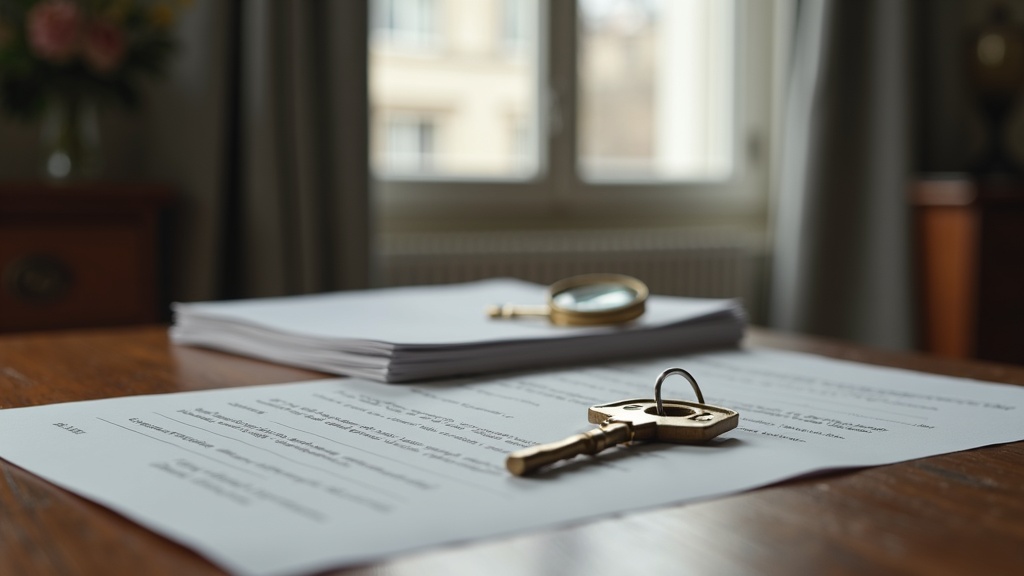 Documents and a key on a desk representing title checks and land registries in Europe