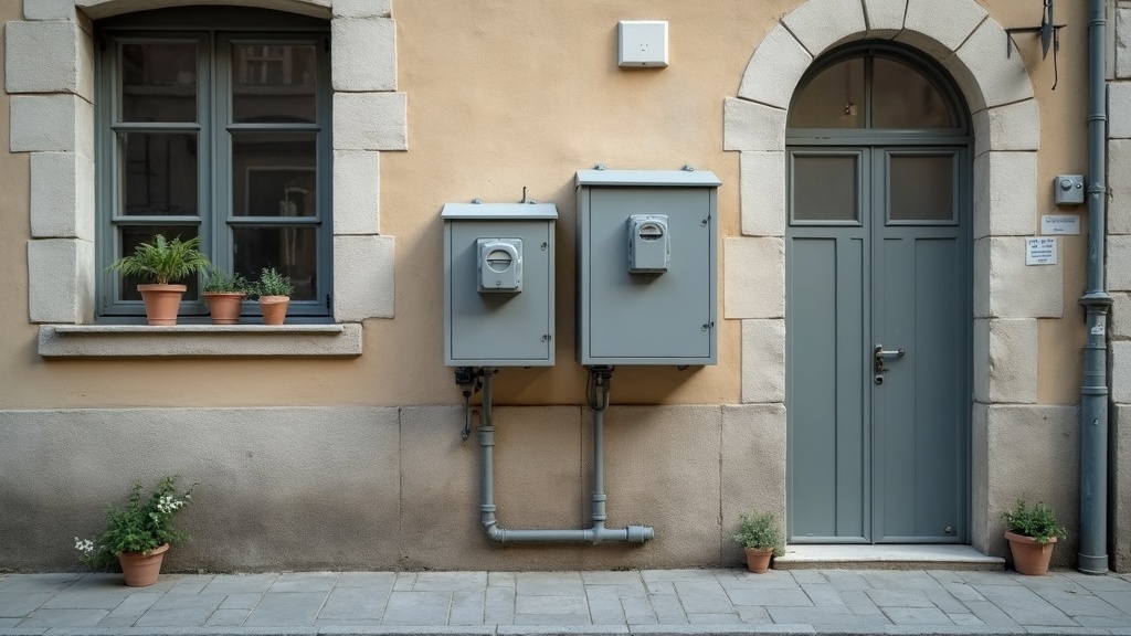 Utility meters on a European apartment building illustrating standing charges in European homes