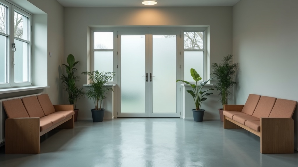 Empty European clinic waiting room interior related to healthcare access for property owners