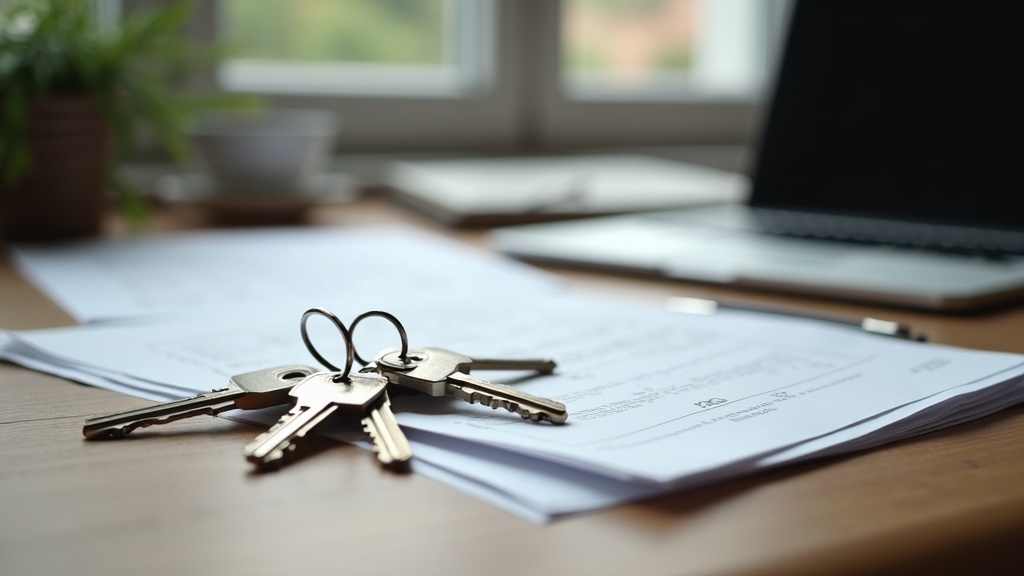 Documents and keys representing ongoing property maintenance responsibilities abroad