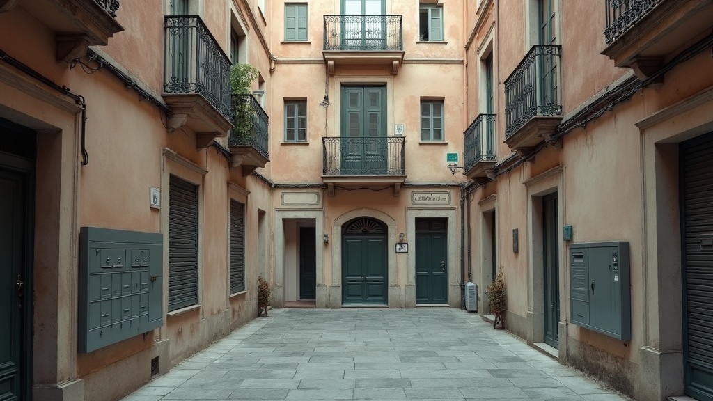 European apartment building courtyard illustrating recurring community charges for owning property abroad