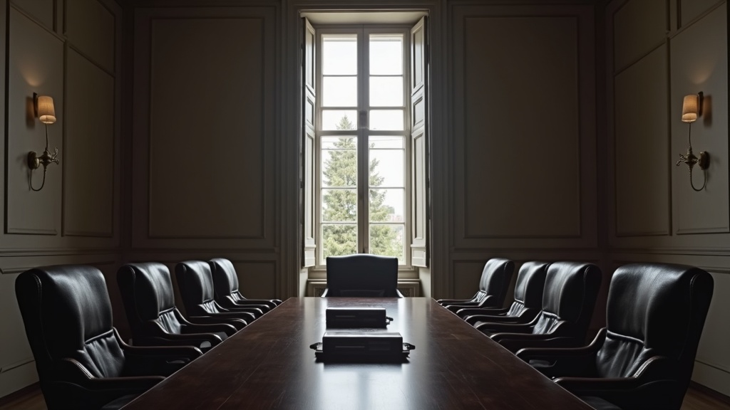 Empty European law office meeting room used for signing cross-border property purchase contracts