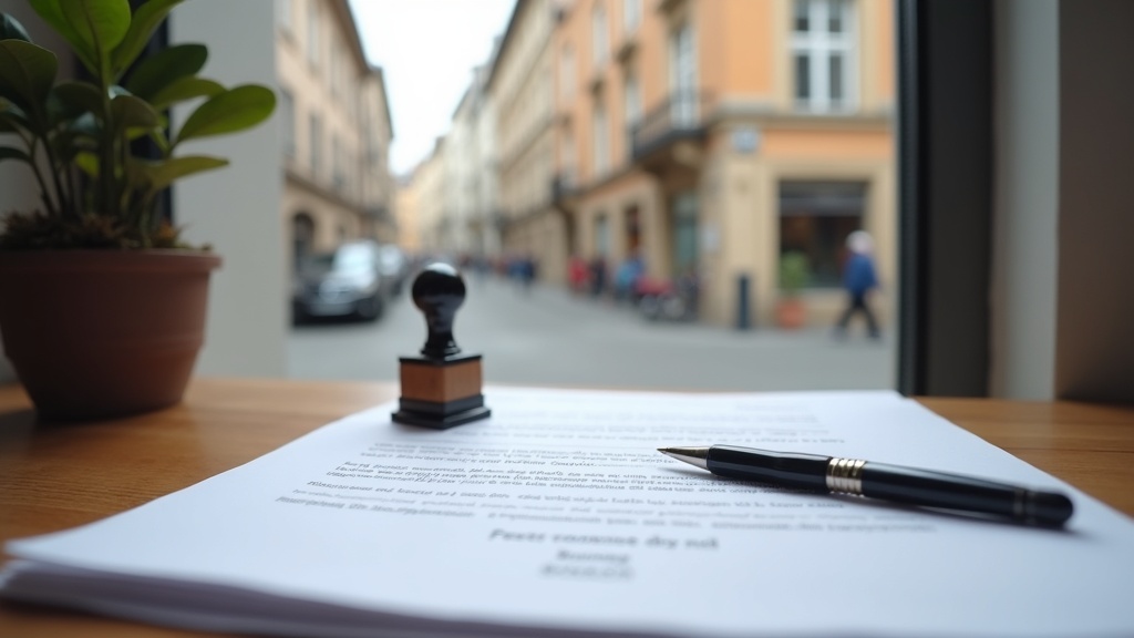 Documents and stamp on a desk representing the local address registration process in Europe