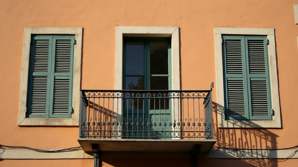 Balcony and shuttered windows on an apartment building illustrating long term renting in Spain